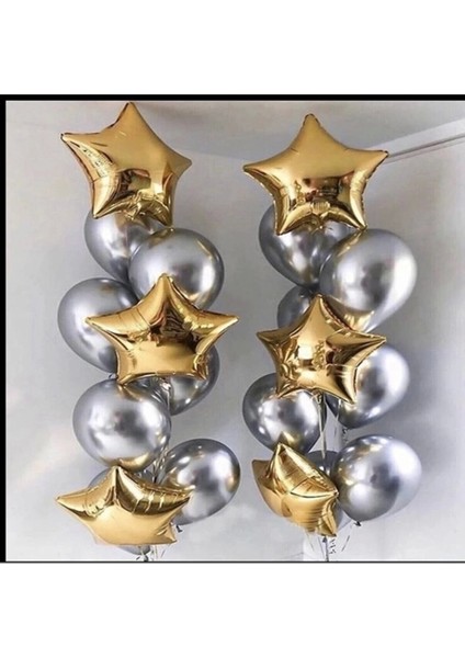 Gümüş Krom 14 Adet Balon Folyo Gold Yıldız 6 Adet Balon