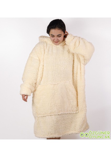 Yumuşak peluş polar giyilebilir battaniye ve pijama seti, sıcak ve konforlu Bej Krem