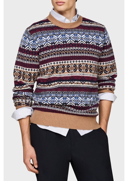 Yün Karışımlı Regular Fit Bisiklet Yaka Desenli Kazak Erkek Kazak MW0MW37026 0hd