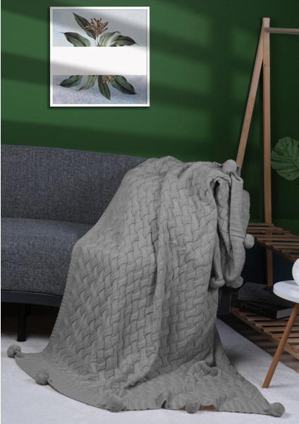 Yumuşak triko ponponlu gri battaniye, akrilik, dayanıklı ve şık tasarım