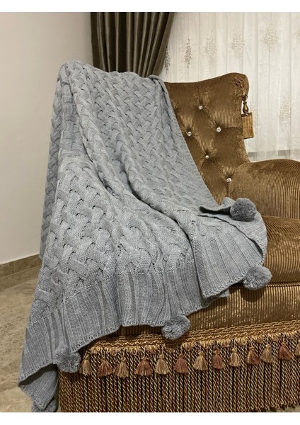 Yumuşak triko ponponlu gri battaniye, akrilik, dayanıklı ve şık tasarım fiyatları