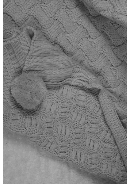 Yumuşak triko ponponlu gri battaniye, akrilik, dayanıklı ve şık tasarım modelleri