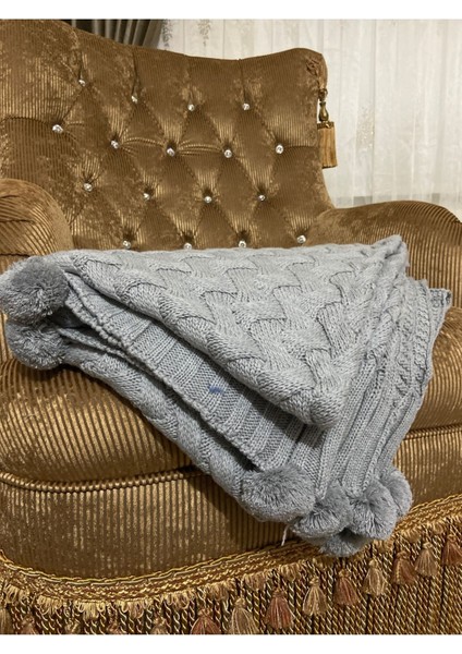 Yumuşak triko ponponlu gri battaniye, akrilik, dayanıklı ve şık tasarım indirimleri