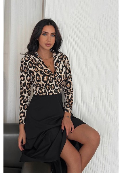 Neşeli Butik Kadın Düğme Detaylı Leopar Desenli Midi Elbise NBK3014