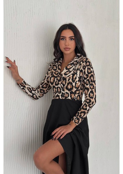 Neşeli Butik Kadın Düğme Detaylı Leopar Desenli Midi Elbise NBK3014