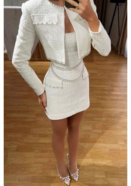 Kadın Tasarım Inci Işlemeli Crop Ceket Elbise Ikili Takım NBEMP2278