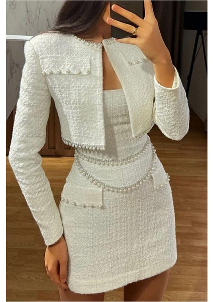 Kadın Tasarım Inci Işlemeli Crop Ceket Elbise Ikili Takım NBEMP2278 fiyatları