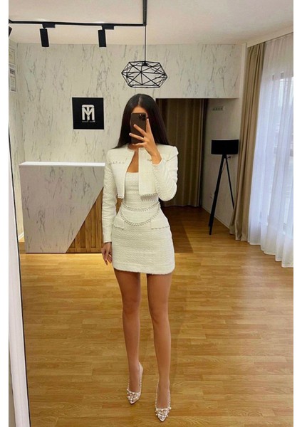 Kadın Tasarım Inci Işlemeli Crop Ceket Elbise Ikili Takım NBEMP2278 modelleri