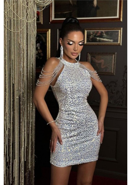 Kadın Gri Taş Detaylı Abiye Elbise NBEMP2119 fiyatları