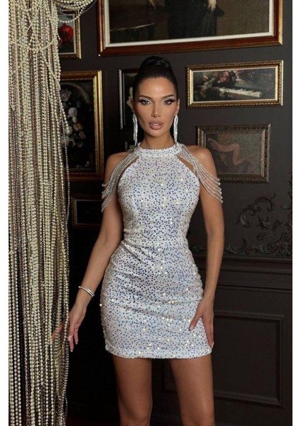 Kadın Gri Taş Detaylı Abiye Elbise NBEMP2119 modelleri