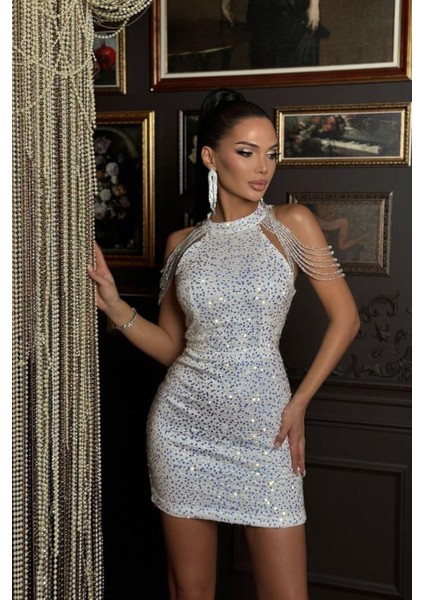 Kadın Gri Taş Detaylı Abiye Elbise NBEMP2119 fırsatları