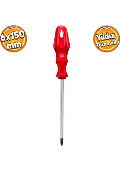 Tornavida Yıldız Tornavida Kırmızı Plastik Sap 6 x 150 mm