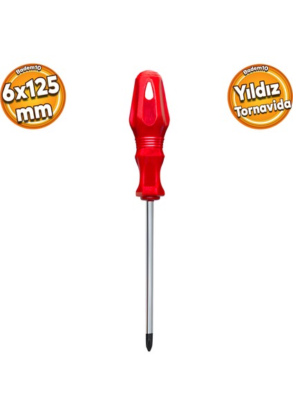 Tornavida Yıldız Tornavida Kırmızı Plastik Sap 6 x 125 mm