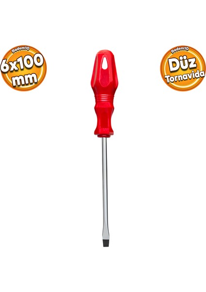 Tornavida Düz Tornavida Kırmızı Plastik Sap 6 x 100 mm