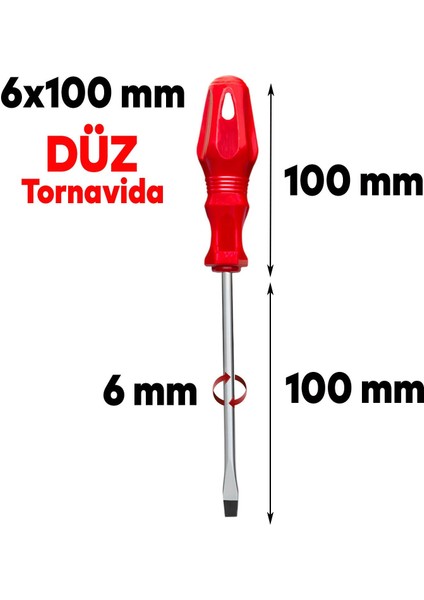 Tornavida Düz Tornavida Kırmızı Plastik Sap 6 x 100 mm