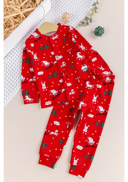 Yılbaşı Temalı Pamuk Unisex Kırmızı Çocuk Pijama Takımı