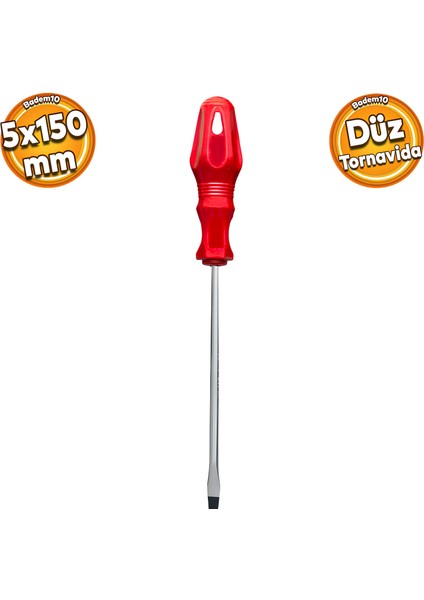 Tornavida Düz Tornavida Kırmızı Plastik Sap 5 x 150 mm
