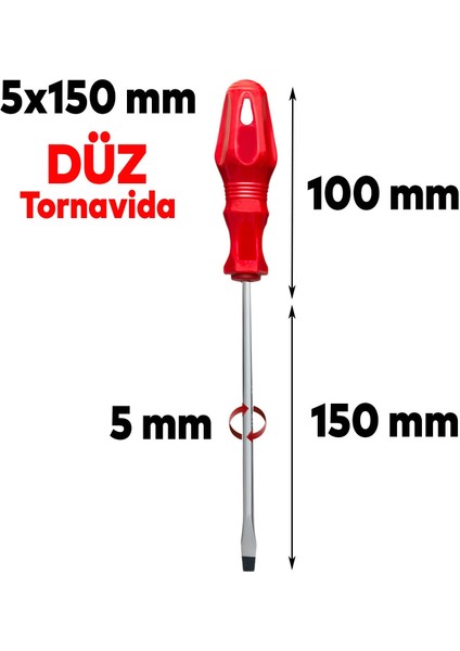 Tornavida Düz Tornavida Kırmızı Plastik Sap 5 x 150 mm