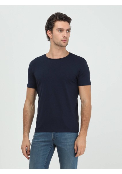 Lacivert Pamuk Karışımlı T-Shirt