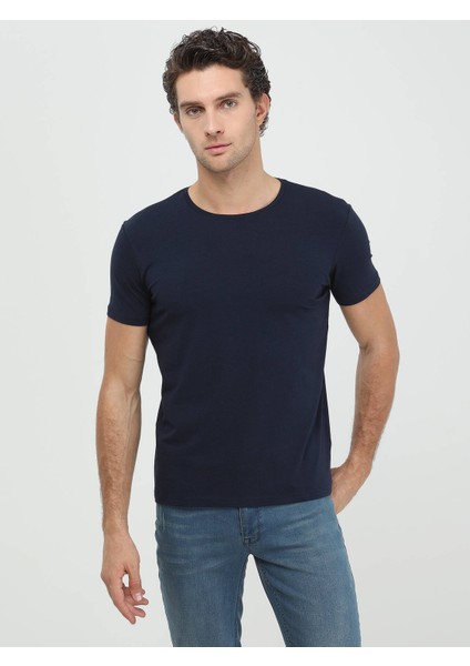 Lacivert Pamuk Karışımlı T-Shirt