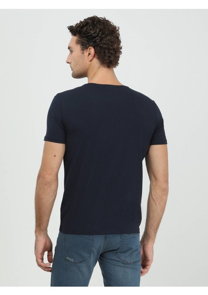 Lacivert Pamuk Karışımlı T-Shirt