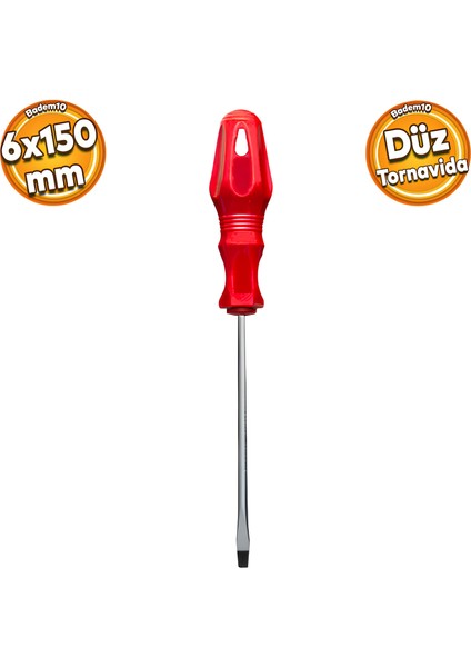 Tornavida Düz Tornavida Kırmızı Plastik Sap 6 x 150 mm