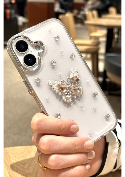 iPhone 16 Uyumlu Kristal Taşlı Kelebek Figürlü Şeffaf Kılıf