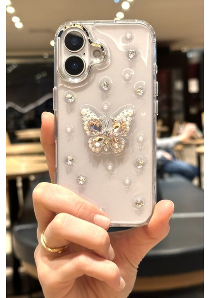 iPhone 16 Uyumlu Kristal Taşlı Kelebek Figürlü Şeffaf Kılıf modelleri