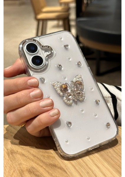 iPhone 16 Uyumlu Kristal Taşlı Kelebek Figürlü Şeffaf Kılıf fırsatları