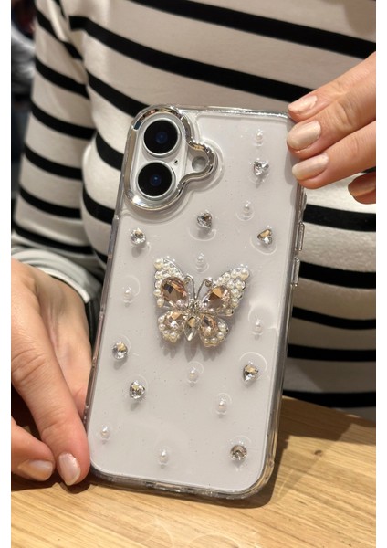 iPhone 16 Uyumlu Kristal Taşlı Kelebek Figürlü Şeffaf Kılıf indirimleri