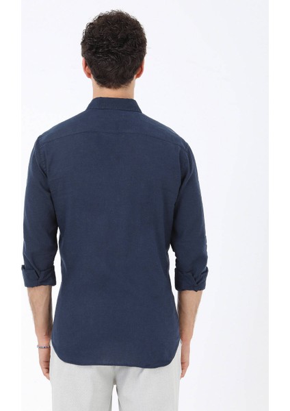 Lacivert Düz Regular Fit Dokuma Casual Pamuk Karışımlı Gömlek