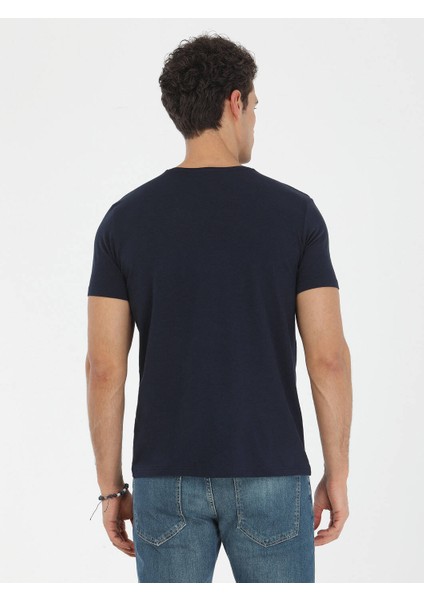 Lacivert Bisiklet Yaka Pamuk Karışımlı T-Shirt