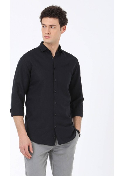 Siyah Düz Regular Fit Dokuma Casual Pamuk Karışımlı Gömlek fiyatları