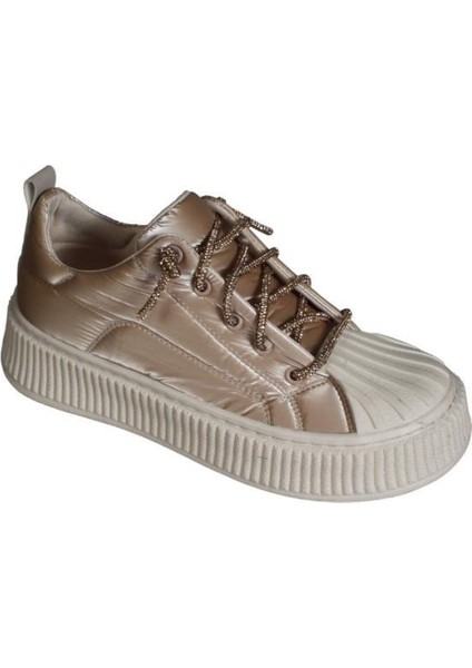 Yazkış Kadın Siyah Ten Paraşüt Kumaş Bağcığı Taşlı 3cm Kalın Taban Fashıon Spr Ayakkabı