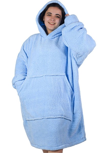 Mavi Peluş Polar Giyilebilir Battaniye Pijama, sıcak ve rahat uyku konforu sağlar.