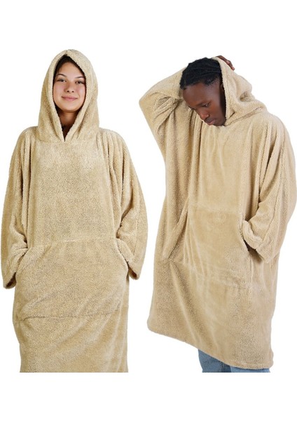 Açık kahverengi, unisex, oversize, giyilebilir kapşonlu battaniye, konfor ve şıklık sunar