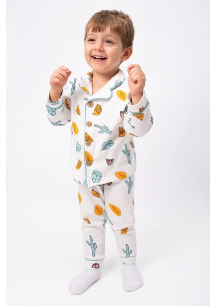 Kaktüs Baskılı Karakterli Düğmeli Unisex Çocuk 2 Li Penye Takım-Su Yeşili