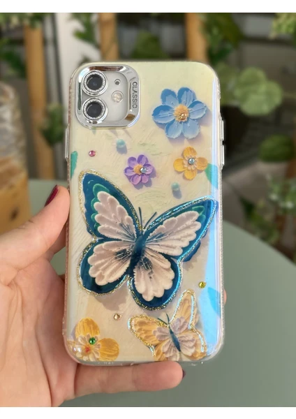 Paladyum Case iPhone 11 Uyumlu Lens Korumalı Simli Kelebekli Çiçekli Kılıf