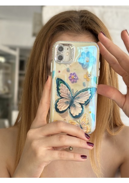 Paladyum Case iPhone 11 Uyumlu Lens Korumalı Simli Kelebekli Çiçekli Kılıf