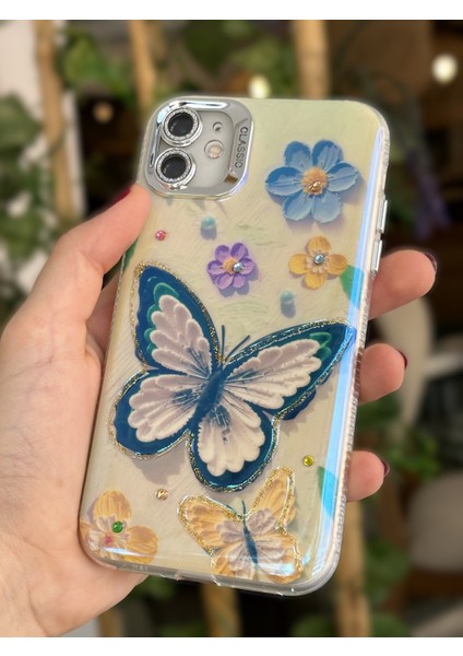 Paladyum Case iPhone 11 Uyumlu Lens Korumalı Simli Kelebekli Çiçekli Kılıf