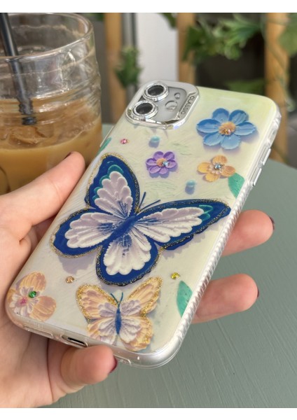 Paladyum Case iPhone 11 Uyumlu Lens Korumalı Simli Kelebekli Çiçekli Kılıf