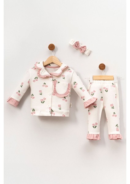 Fırfır Detaylı Cepli Kız Çocuk Lale Desen 2li gecelik takımı - Pembe