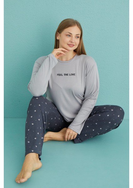 Kadın Pijama Takımı Uzun Kol Battal Büyük Beden