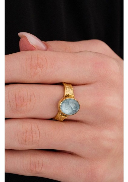 14 K Gold Kaplama 925 Ayar Gümüş Naturel Aquamarine Yüzük