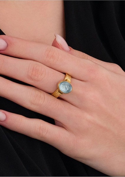 14 K Gold Kaplama 925 Ayar Gümüş Naturel Aquamarine Yüzük