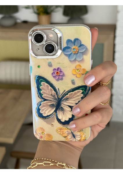 Paladyum Case iPhone 13 Uyumlu Lens Korumalı Simli Kelebekli Çiçekli Kılıf