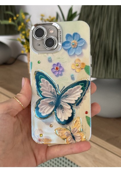 Paladyum Case iPhone 13 Uyumlu Lens Korumalı Simli Kelebekli Çiçekli Kılıf