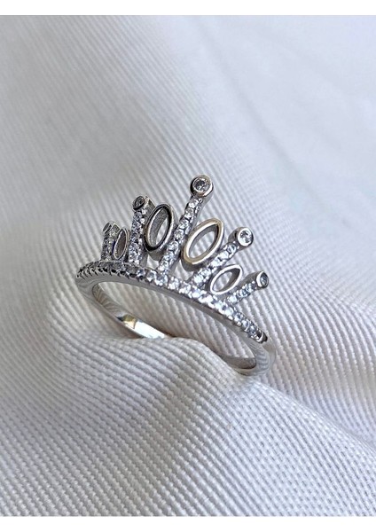 14 K White Gold Kaplama 925 Ayar Gümüş Prenses Tacı Yüzük