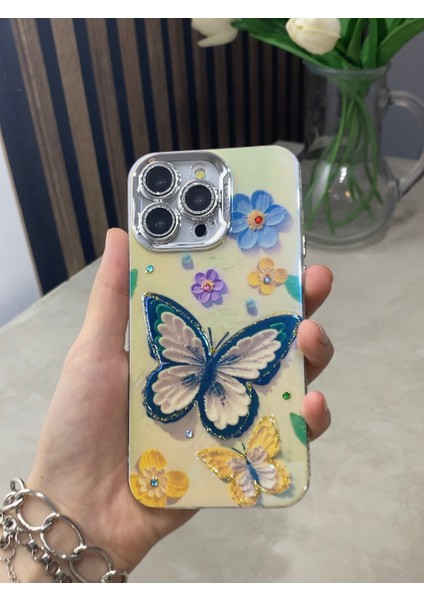 Paladyum Case iPhone 14 Promax Uyumlu Lens Korumalı Simli Kelebekli Çiçekli Kılıf