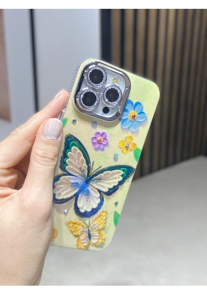 Paladyum Case iPhone 14 Promax Uyumlu Lens Korumalı Simli Kelebekli Çiçekli Kılıf